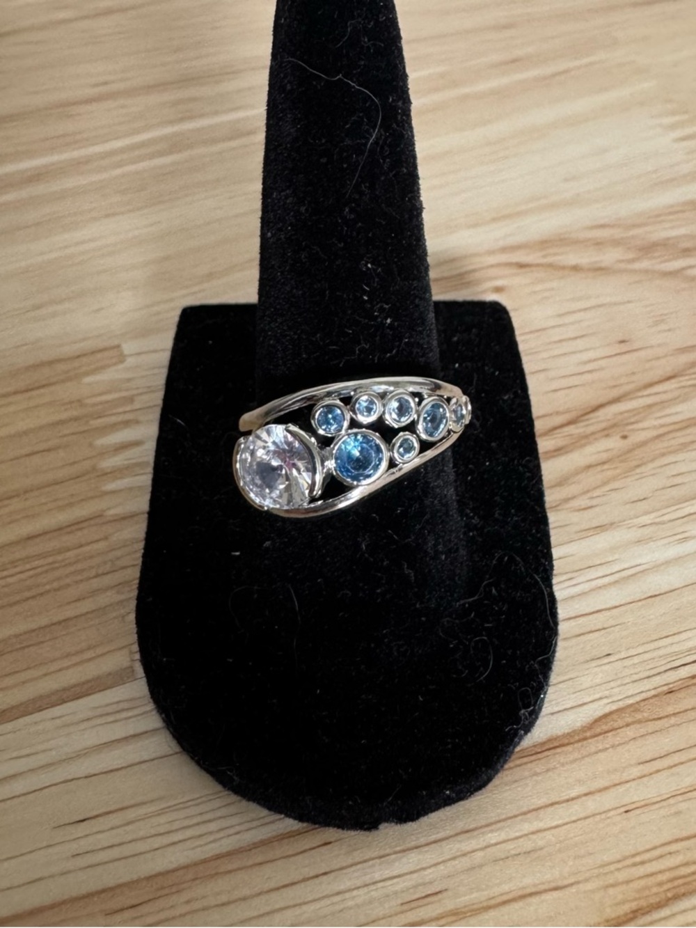 Silver, Blue, and White Cubic Zirconia Fashion Ring Size 7 NEW